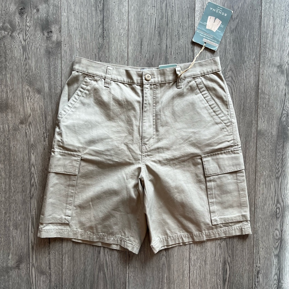 Sonoma Men’s Canvas Cargo Short Relaxed Fit Bellowed Pockets Tan Khaki 34 NWT